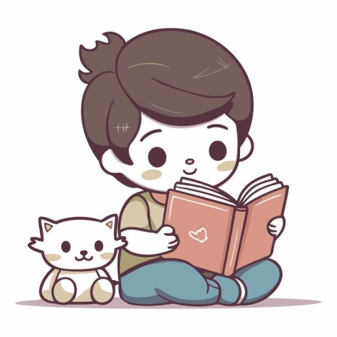 Boy reading a book with cat. Cute cartoon vector illustration.