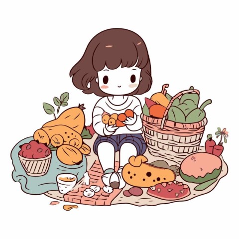 Illustration of a Little Girl Sitting Next to Her Basket Full of