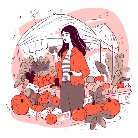 Vector illustration of a girl buying pumpkins in the market. Aut