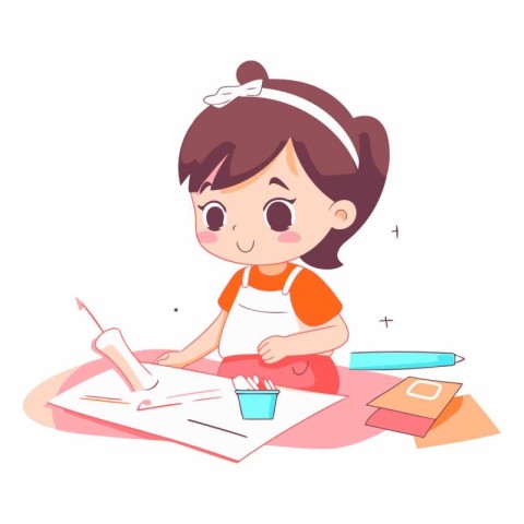 Cute little girl painting at home in cartoon style.