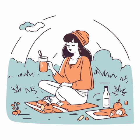 Vector illustration of a girl sitting on the grass in the park.