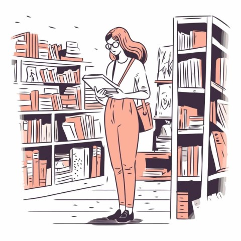 Vector illustration of a girl in glasses standing in the library