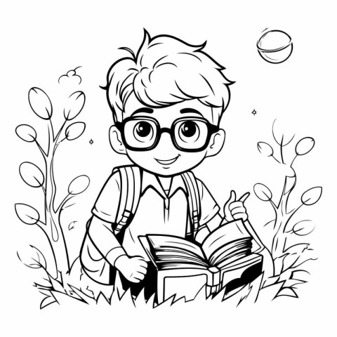 Boy reading a book in the garden. black and white vector illustr