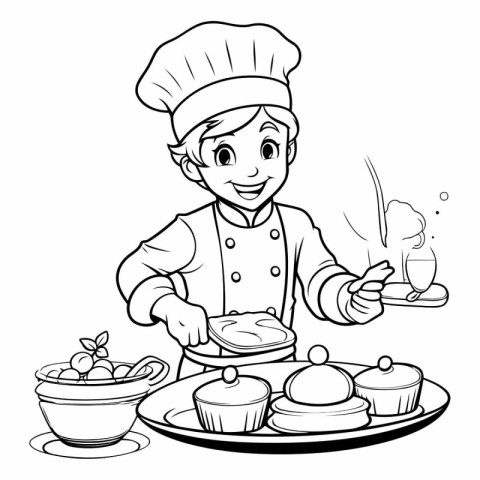 Black and White Cartoon Illustration of Cute Little Boy Chef Coo