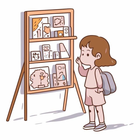 Illustration of a little girl looking at pictures in a gallery.