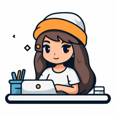 Vector illustration of a cute girl working on a laptop at home.