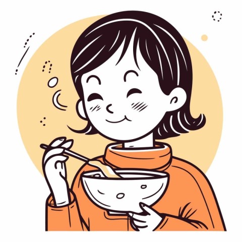 Illustration of a little girl eating a bowl of noodle.