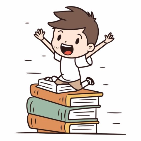 Happy boy sitting on pile of books. Vector character illustratio