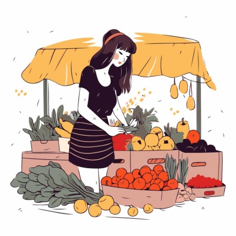 Young woman buying fruits and vegetables at the market.