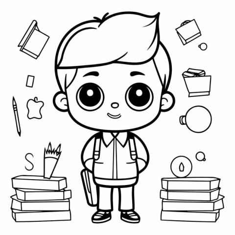 Cute little schoolboy with books. Black and white vector illustr