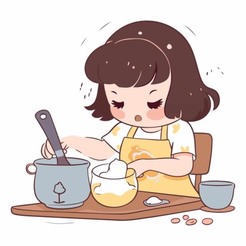 Illustration of a Cute Little Girl Cooking in the Kitchen.