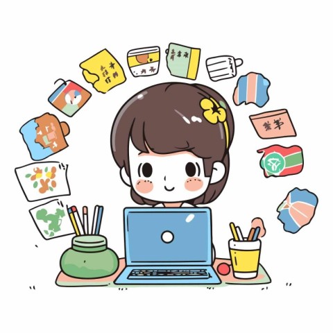 Illustration of a cute little girl using a laptop computer with