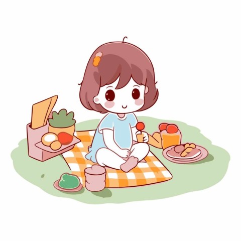 Illustration of a Cute Little Girl Having a Picnic.