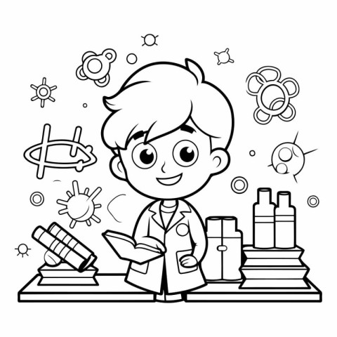 Black and White Cartoon Illustration of Kid Boy Studying Science