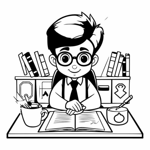 Boy reading a book at home. Black and white vector illustration.