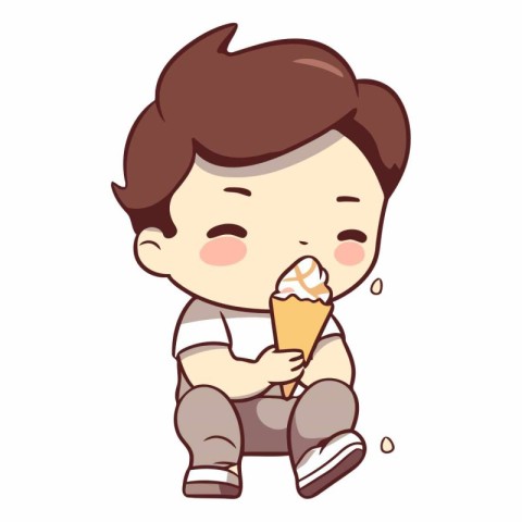 Cute Little Boy Eating Ice Cream Cartoon Vector Illustration Gra