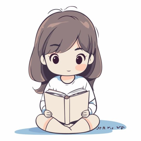 Cute little girl reading a book on white background.