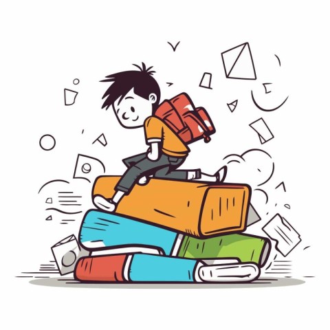 Boy sitting on pile of books in cartoon style.