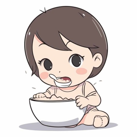 Cute baby boy eating a bowl of cereal.