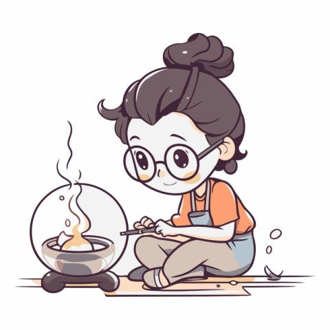 Illustration of a Little Girl Sitting Next to a Burning Candlest