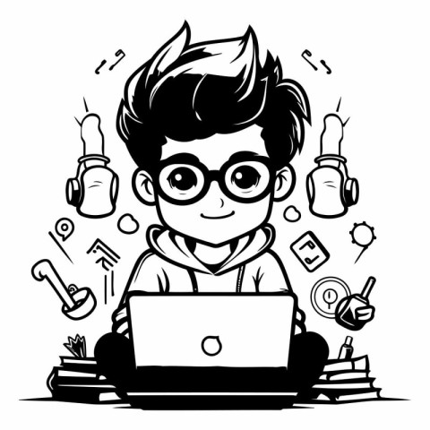 Vector illustration of a boy in glasses working on a laptop comp