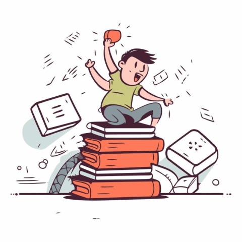 Cartoon vector illustration of boy sitting on pile of books. Edu