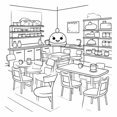 Restaurant interior graphic black white sketch illustration vect