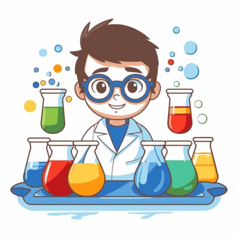 Scientist boy with chemical flasks in cartoon style