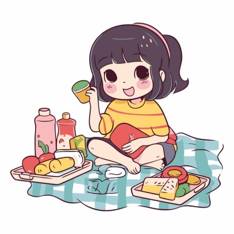 Illustration of a cute little girl sitting on a picnic with food