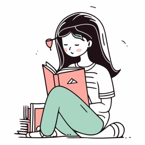 Girl reading a book in doodle style.