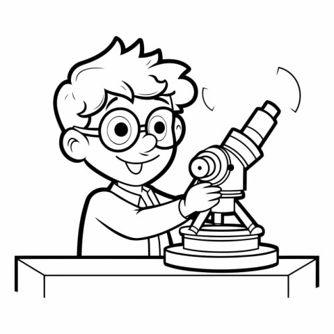 Black and White Cartoon Illustration of Kid Scientist with Micro