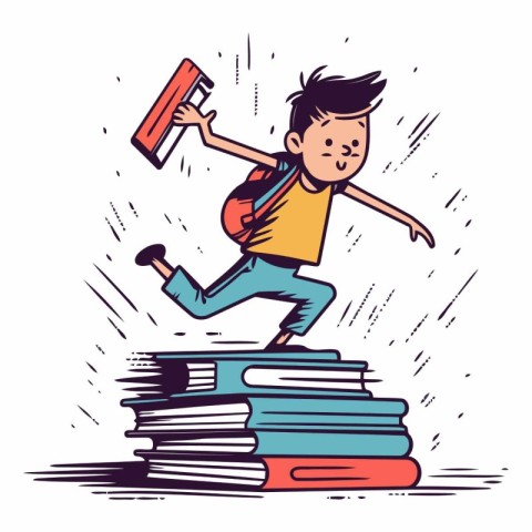 Boy running on pile of books in cartoon style.