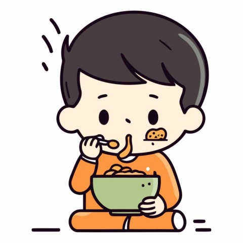 Illustration of a Kid Boy Eating a Bowl of Cornflakes