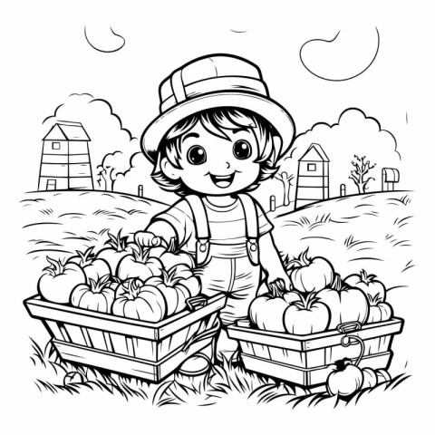 Black and White Cartoon Illustration of Cute Little Boy Farmer o