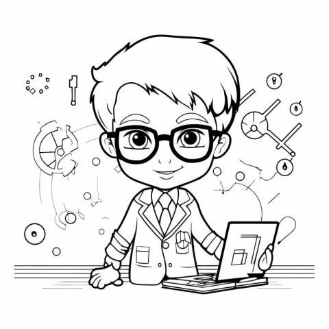 Black and white vector illustration of a boy in glasses sitting