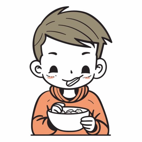 Illustration of a little boy eating a bowl of cereals.