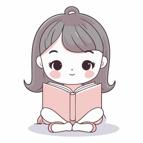 Cute little girl reading a book in cartoon style.