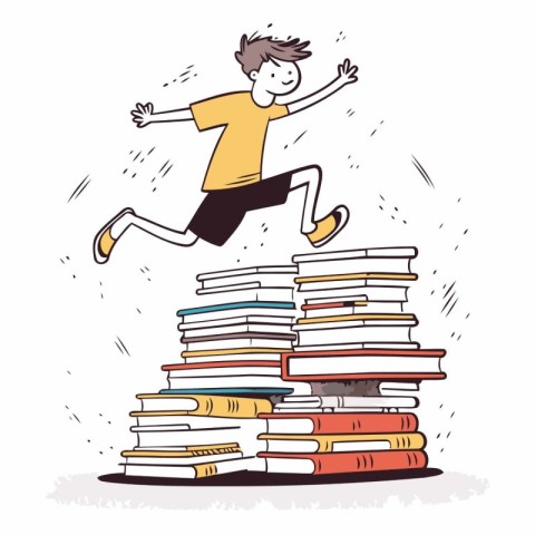 Boy jumping over a pile of books. Vector hand drawn illustration