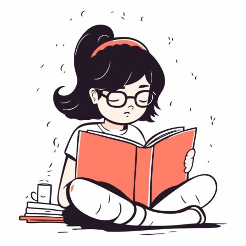 Cute girl reading a book in cartoon style.