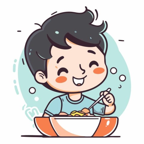 Vector illustration of a boy eating noodles. Cute cartoon style.