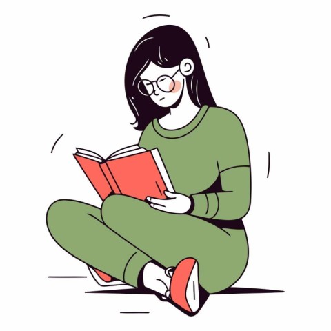 Young woman reading a book in cartoon comic style.