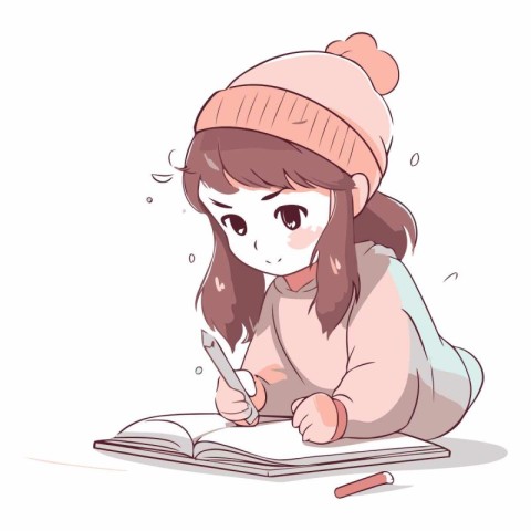 Illustration of a little girl writing in a notebook and wearing