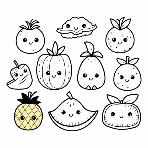 Funny fruit doodle set. Cute kawaii cartoon characters.