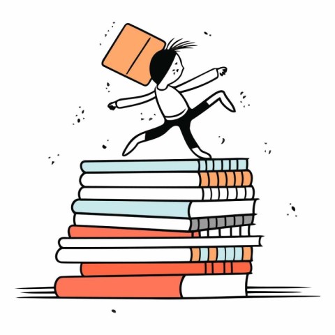 Man running on pile of books in doodle style.