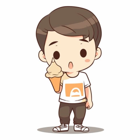 Boy eating ice cream on white background. Cute cartoon vector il