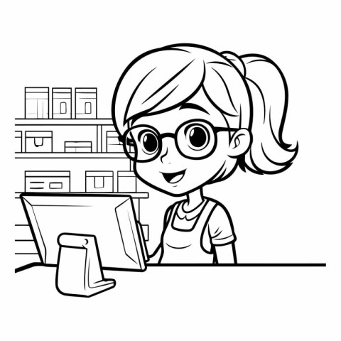 Cute little girl with glasses and a computer.