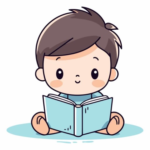 Cute little boy reading a book in cartoon style.