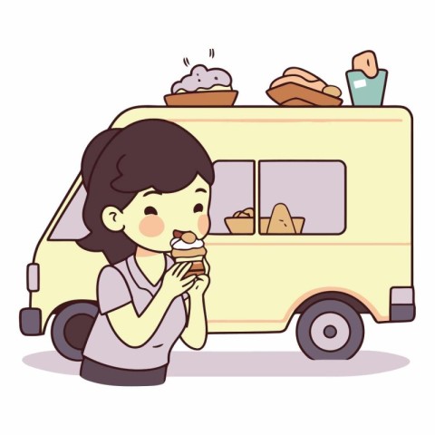 Girl eating ice cream with food truck in cartoon style.