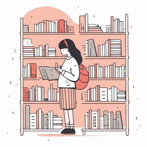 Vector illustration of a girl in a library with bookshelves.