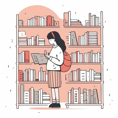 Vector illustration of a girl in a library with bookshelves.